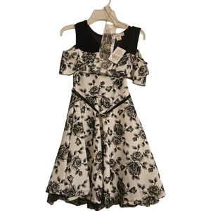 Knitworks Black and White Floral Formal Kids Dress Cold Shoukder Belt Necklace